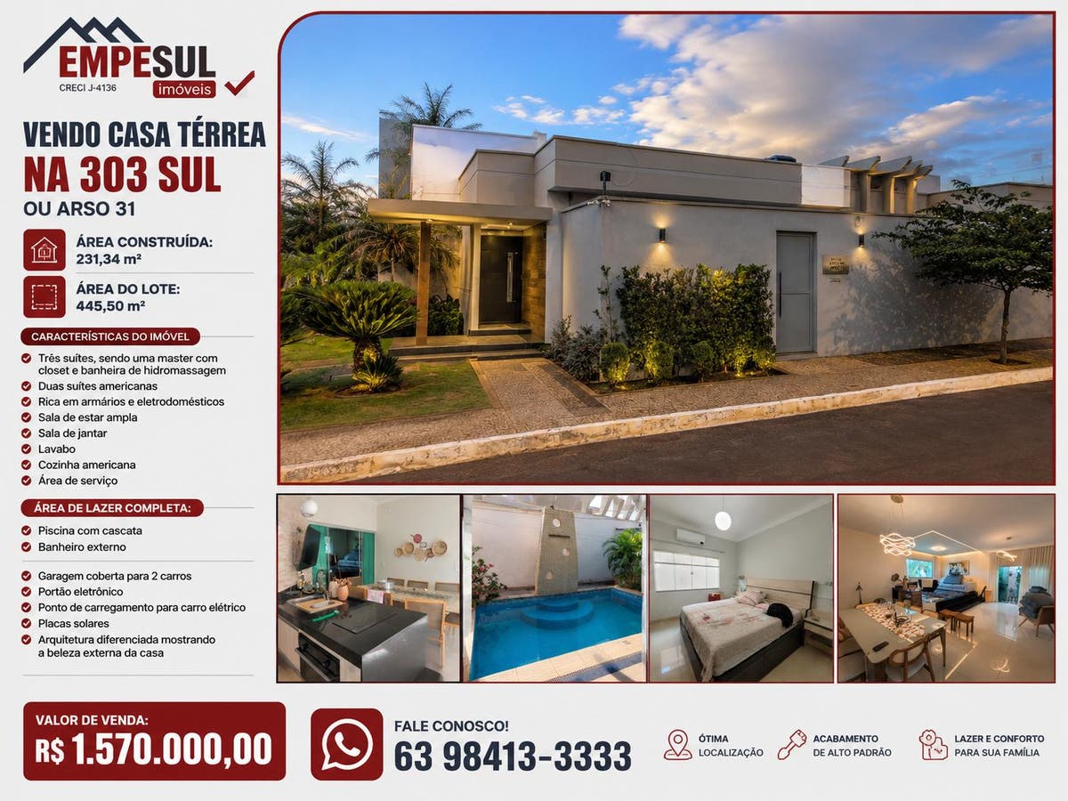 Vendo Casa Térrea na 303 Sul (Arso 31) - Casa em Plano Diretor Sul, Palmas - à venda - Empesul Imóveis