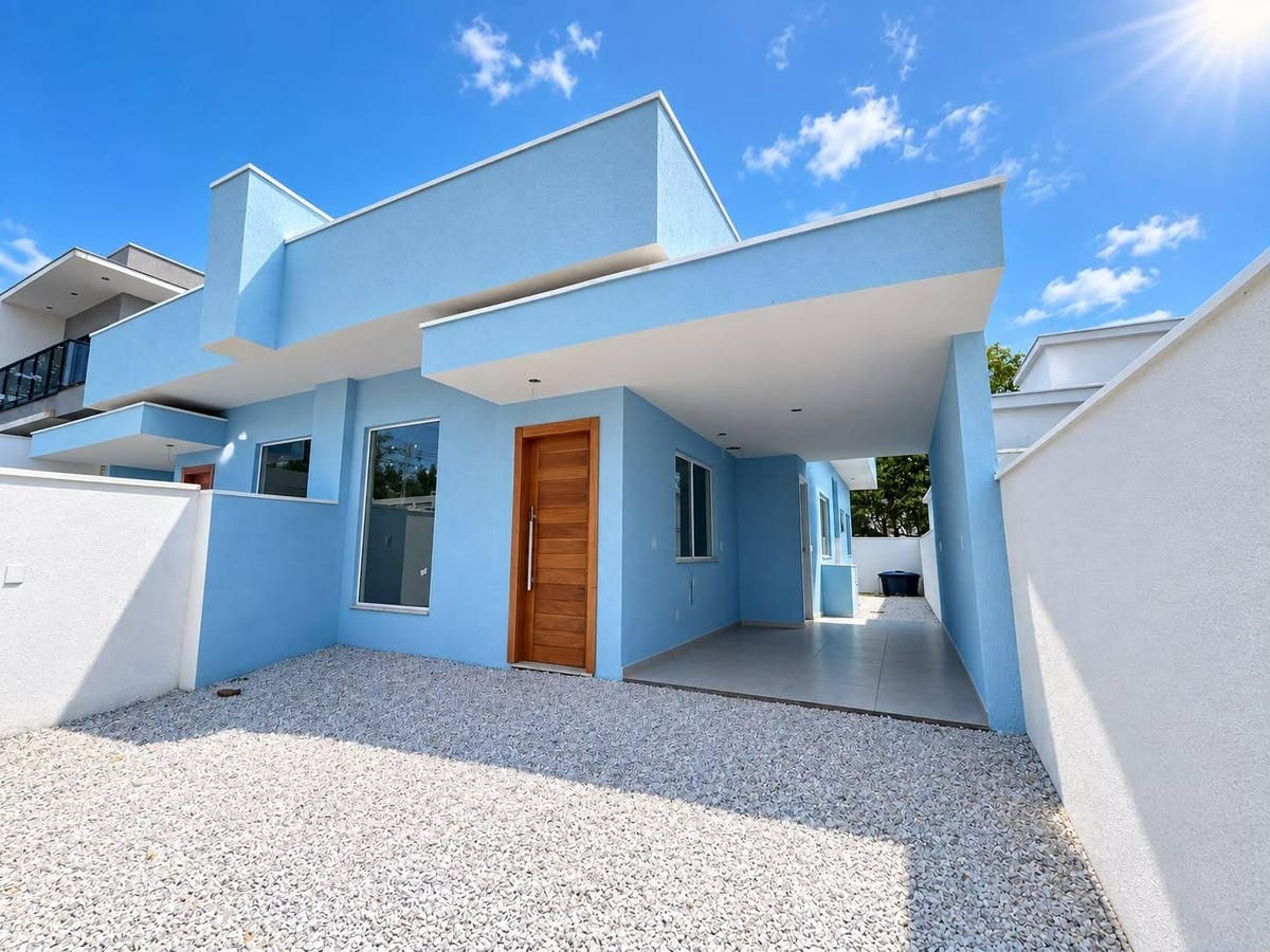 Fachada de casa moderna azul com porta de madeira e muro branco