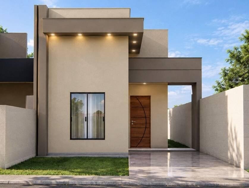 Casa moderna com paredes de acabamento liso e varanda com iluminação embutida