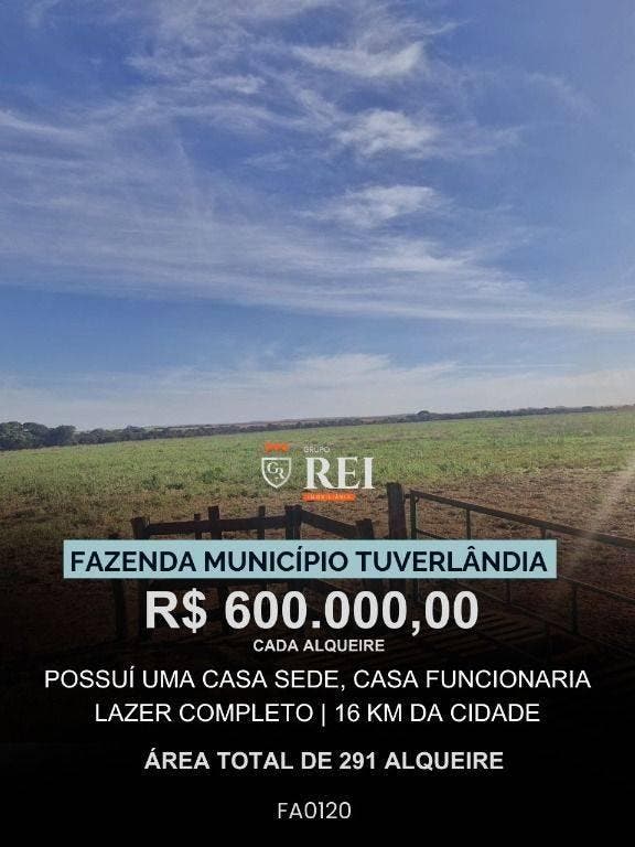 FAZENDA – 18 KM TUVERLÂNDIA - GO Informações Gerais Área total: 291 alqueires goianos (˜ 1.408,26 hectares) Acesso: 16 km do asfalto, por estrada ru - Fazenda em Turvelândia - à venda - IMOBILIARIA REI EMPREENDIMENTOS S/S LTDA