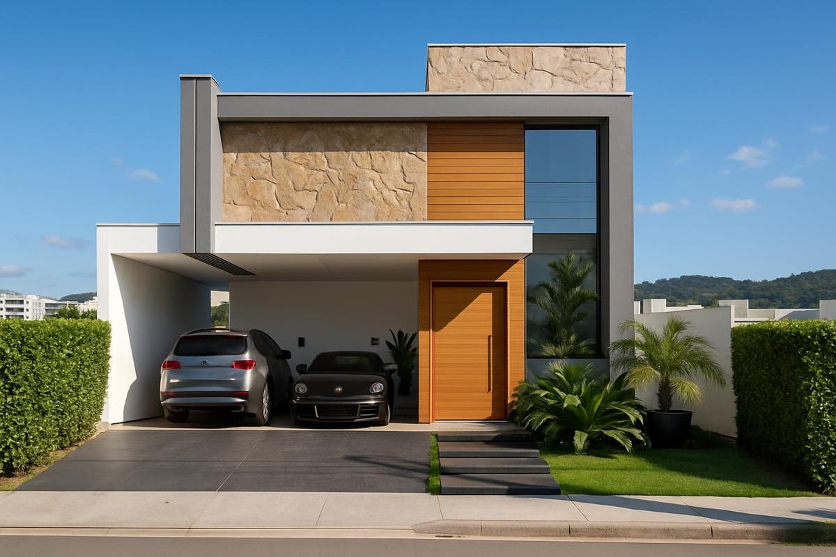 🏡 Fachada moderna com elementos em pedra natural, madeira e vidro, acompanhada de áreas verdes bem cuidadas 🌿☀️ (melhorada por IA)