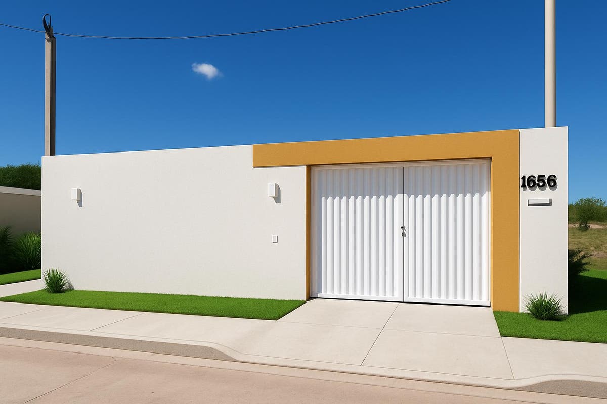 Fachada moderna com muro branco 🚪 e detalhe em cor âmbar 🟧 sob céu claro azul ☀️🌥️ (melhorada por IA)