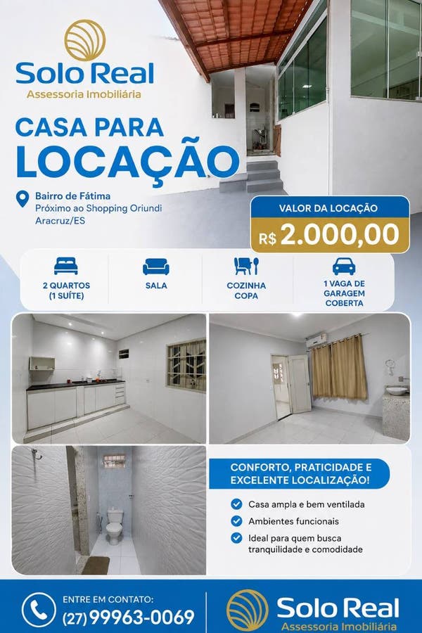 Casa- Bairro de Fátima - Casa em Fátima, Aracruz - para locação - Solo Real Assessoria Imobiliária Ltda.