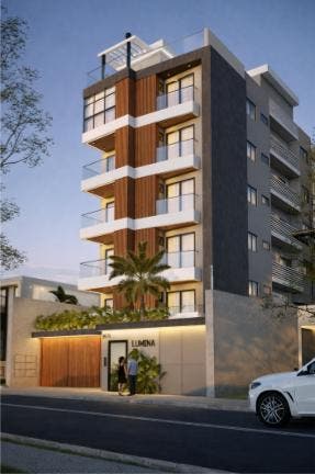 Edifício moderno com fachada de vidro, concreto e detalhes em madeira