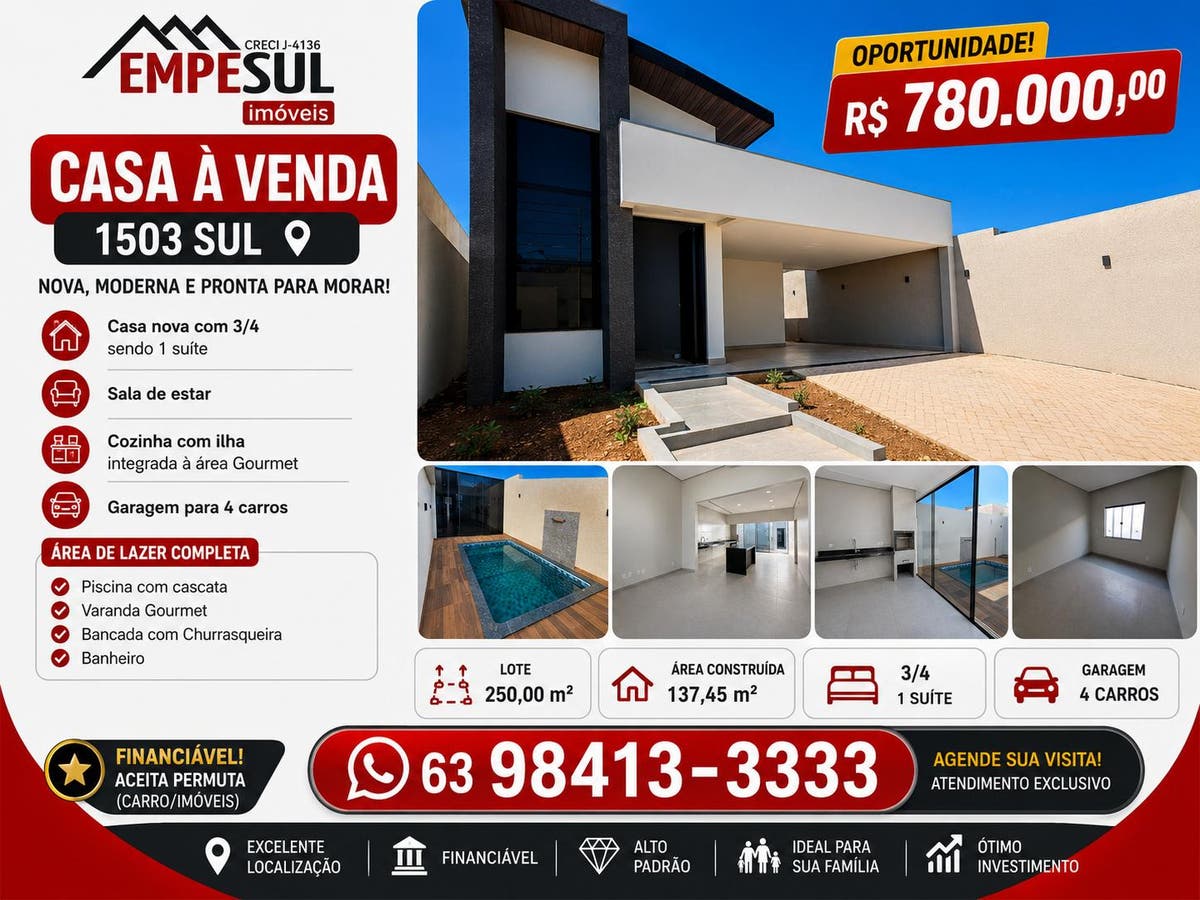 Vendo Casa Nova na 1503 sul com piscina - Casa em Plano Diretor Sul, Palmas - à venda - Empesul Imóveis