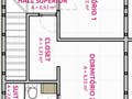 Planta de apartamento com dois dormitórios, banheiros e closet bem definidos.