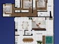 Planta de residência com quartos, sala, cozinha e área de lazer.