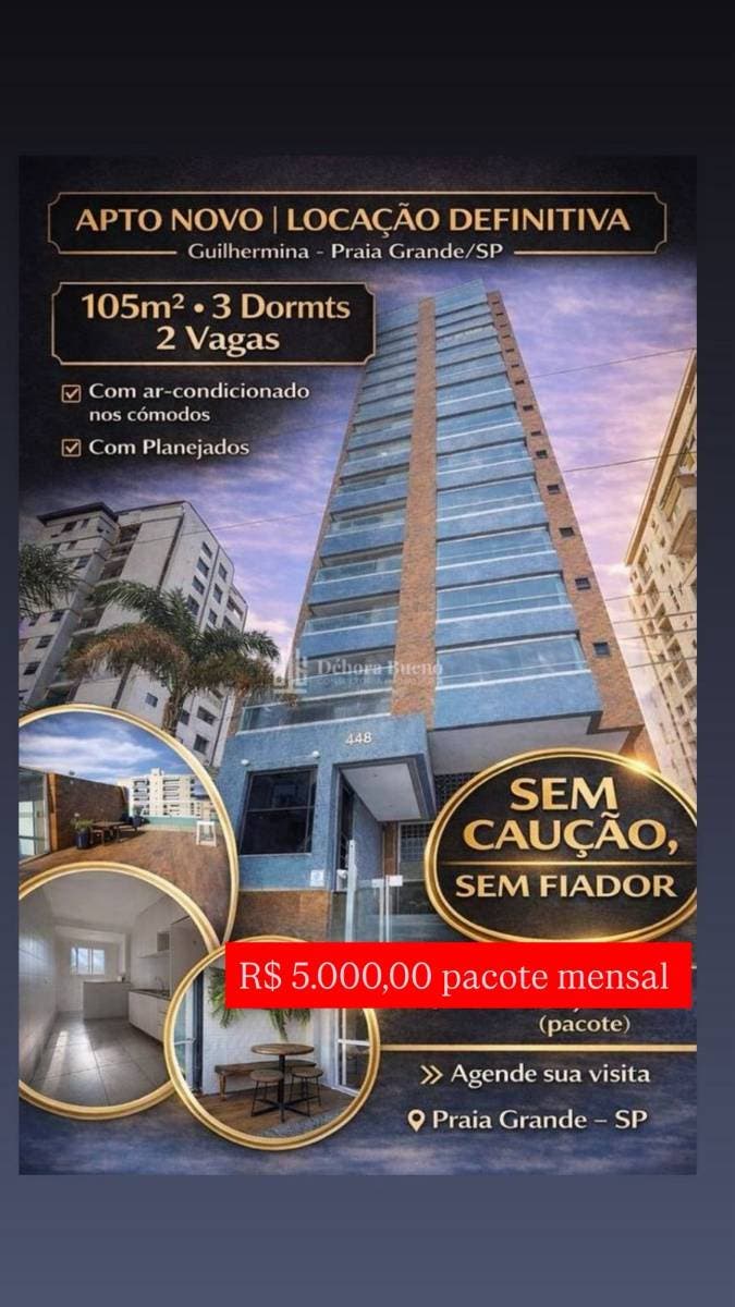 LOCAÇÃO SEM FIADOR/SEM CAUÇÃO, GUILHERMINA, 3 DORMT COM PLANEJADOS/AR, 2 VAGAS - Apartamento em Guilhermina, Praia Grande - para locação - DEBORA BUENO CONSULTORIA IMOBILIÁRIA