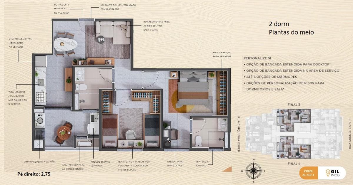 Planta 63m² - Endless Parque da Cidade - Apartamento em Jardim Pereira do Amparo, Jacareí - à venda - GIL IMOB