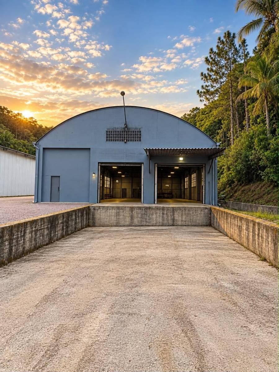 construção metálica azul com entrada de portas grandes, ambiente externo natural