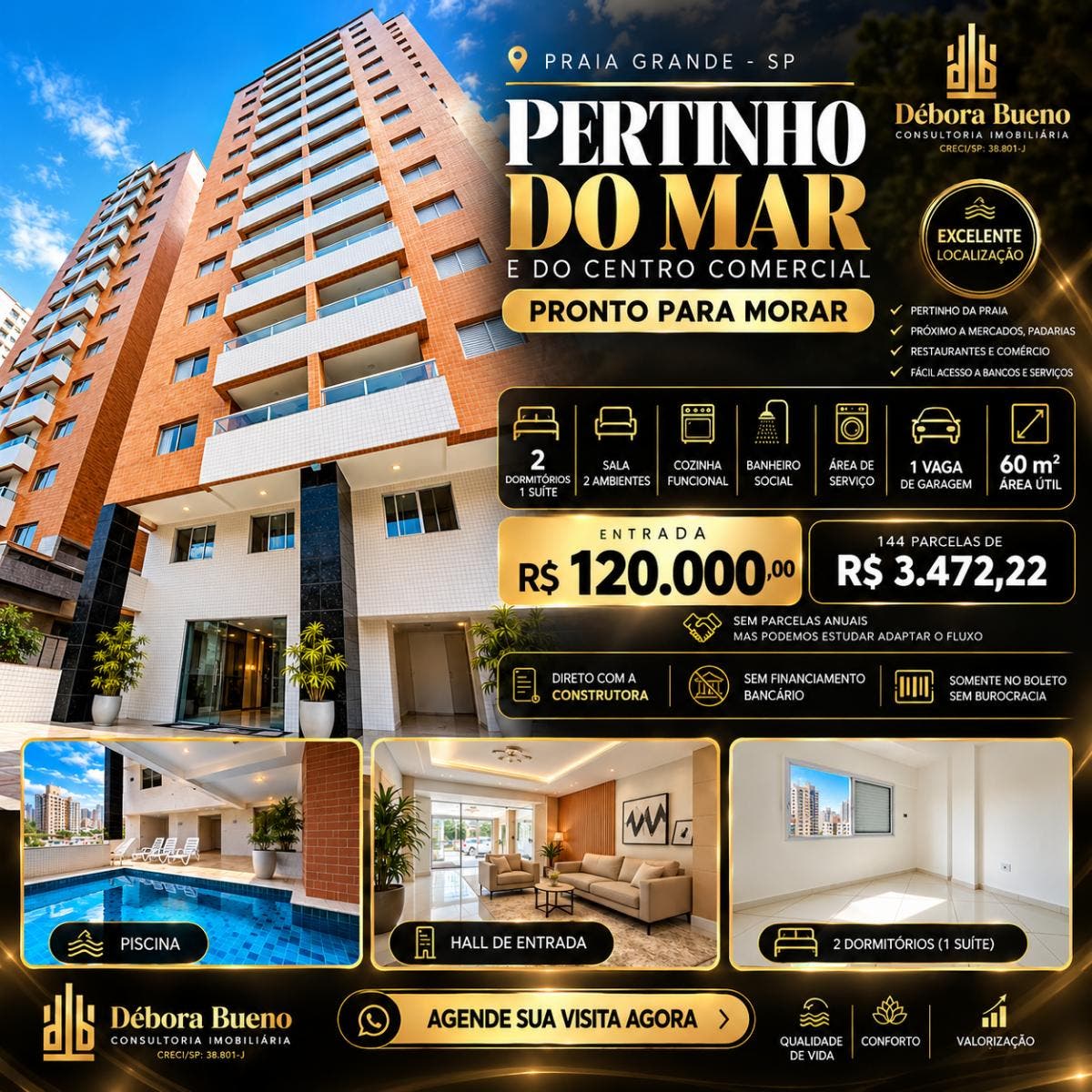 Fachada moderna de prédio alto com acabamento em cerâmica e vidro.