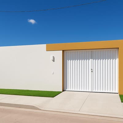 Fachada moderna com muro branco 🚪 e detalhe em cor âmbar 🟧 sob céu claro azul ☀️🌥️ (melhorada por IA)