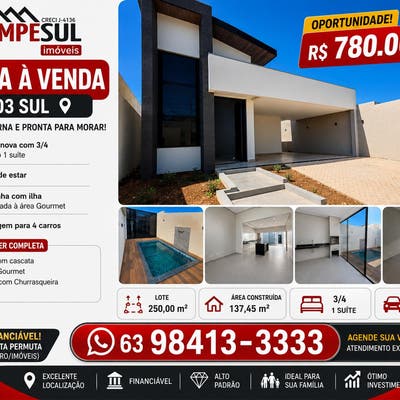 Vendo Casa Nova na 1503 sul com piscina - Casa em Plano Diretor Sul, Palmas - à venda - Empesul Imóveis