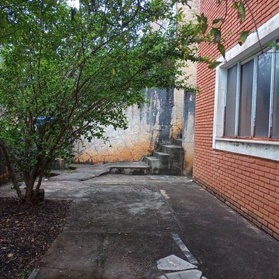 Encerramento externo com árvore, parede de tijolos e escadas de concreto